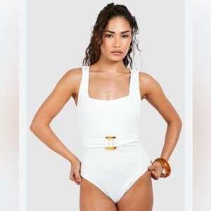 NWT BOOHOO Petite Ribbed Square Neck Tummy Control Swimsuit